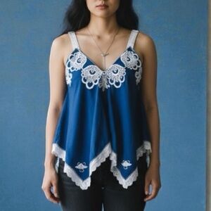 Vtg Blue Embroidered Floral Beaded Crochet Tank Cold Shoulder Top Sz M Artisan